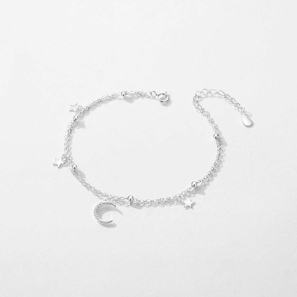 S925 Sterling Silver Star Moon Double Layer Twin Bracelet For Women