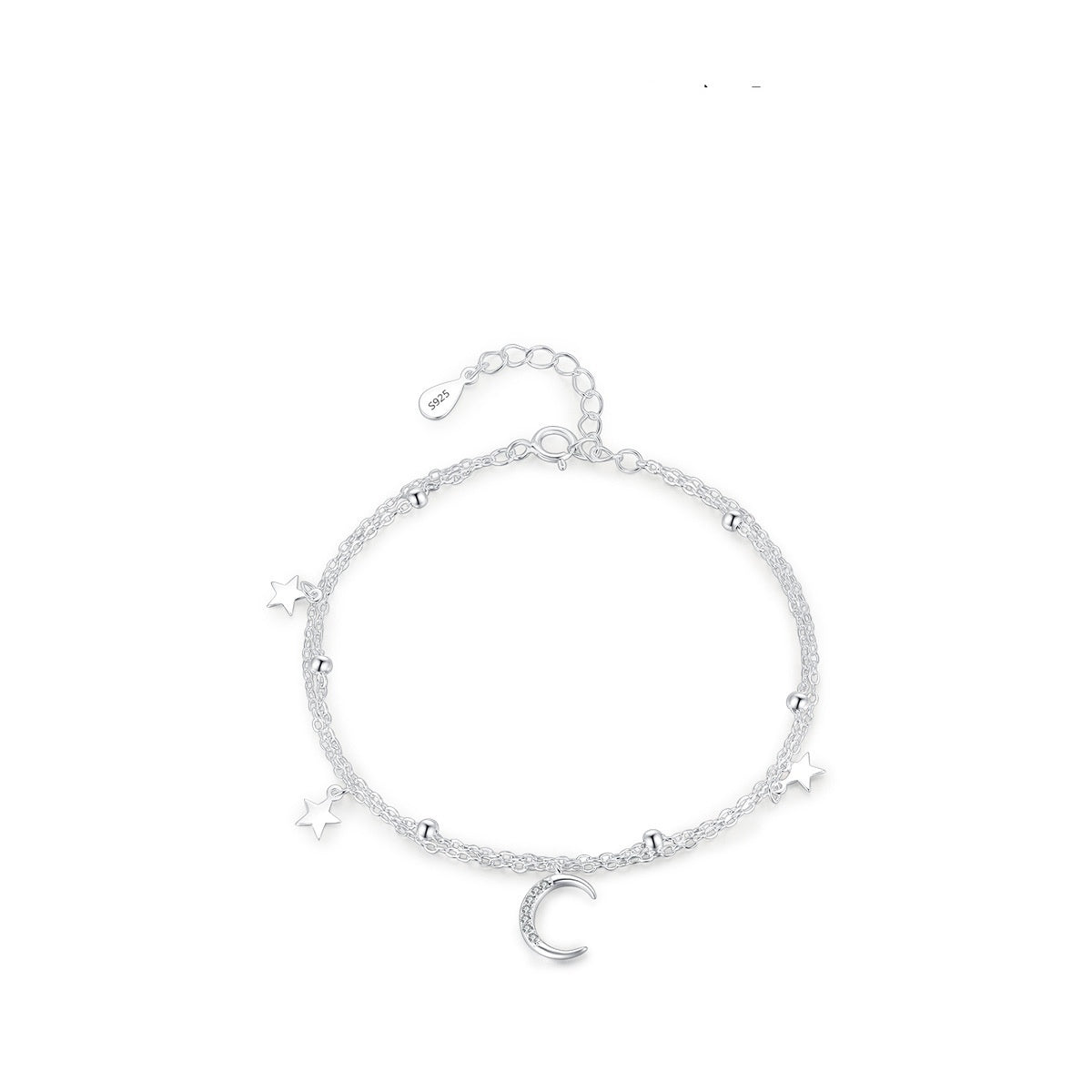 S925 Sterling Silver Star Moon Double Layer Twin Bracelet For Women