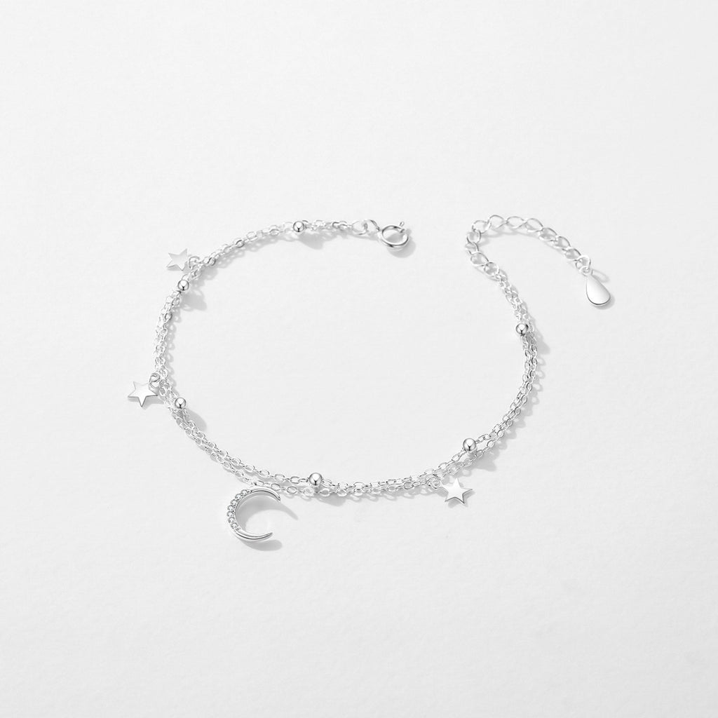 S925 Sterling Silver Star Moon Double Layer Twin Bracelet For Women