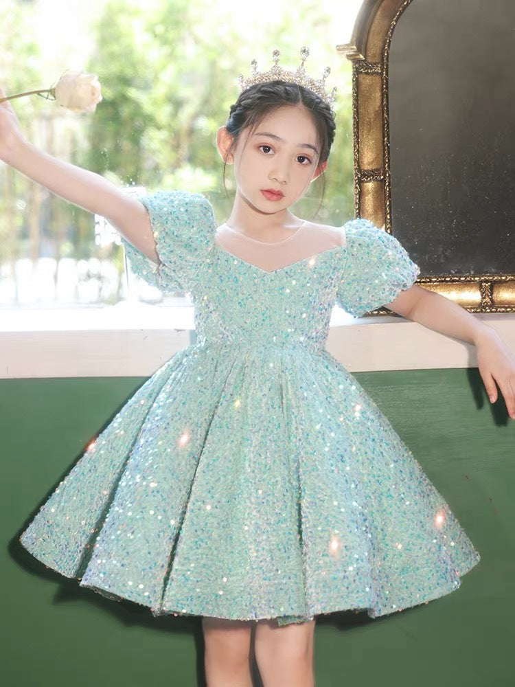 Bubble Sleeve Princess Dress Sequined Western Style Baby Girl Birthday Party Girl Costume
