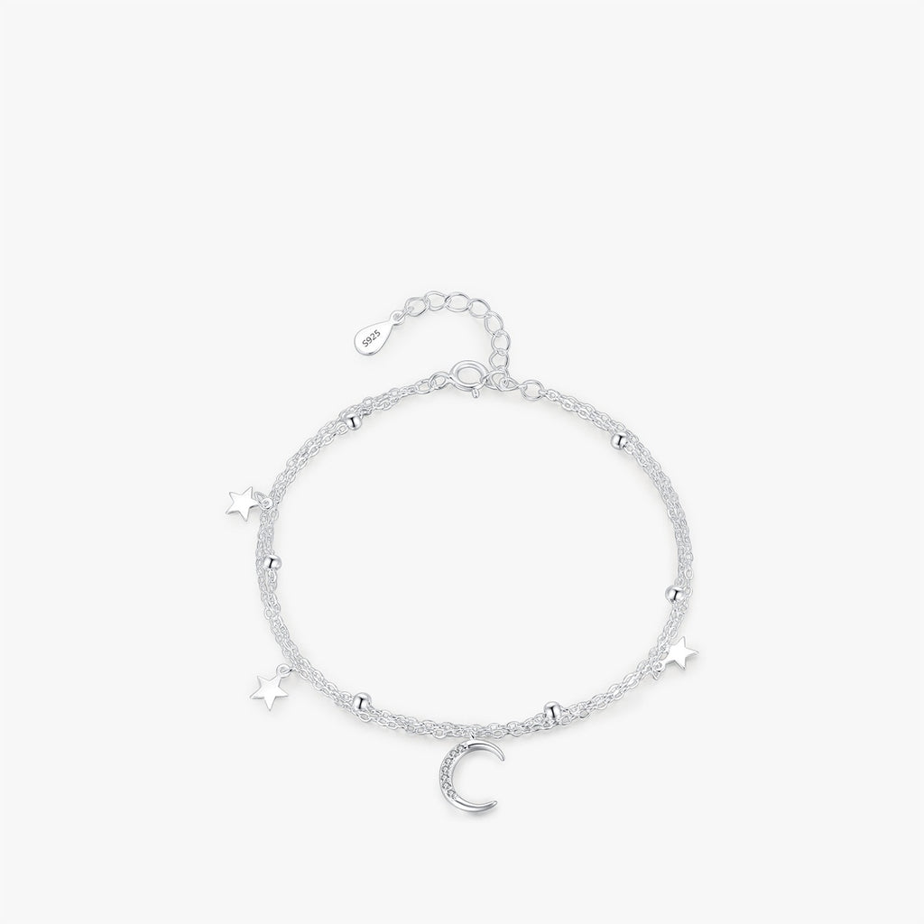 S925 Sterling Silver Star Moon Double Layer Twin Bracelet For Women