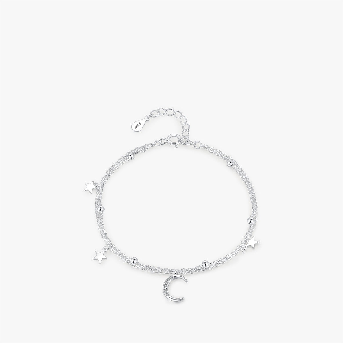 S925 Sterling Silver Star Moon Double Layer Twin Bracelet For Women