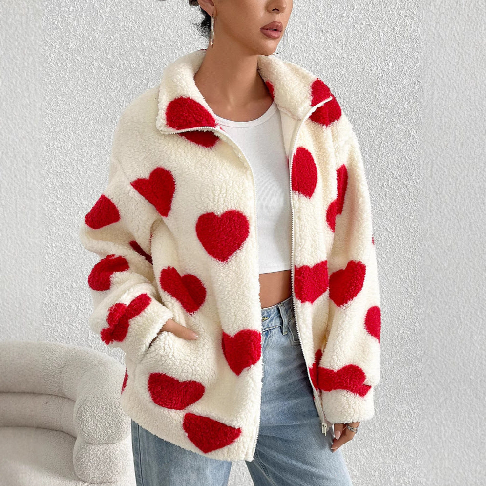 Women's Plush Loving Heart Printed Coat