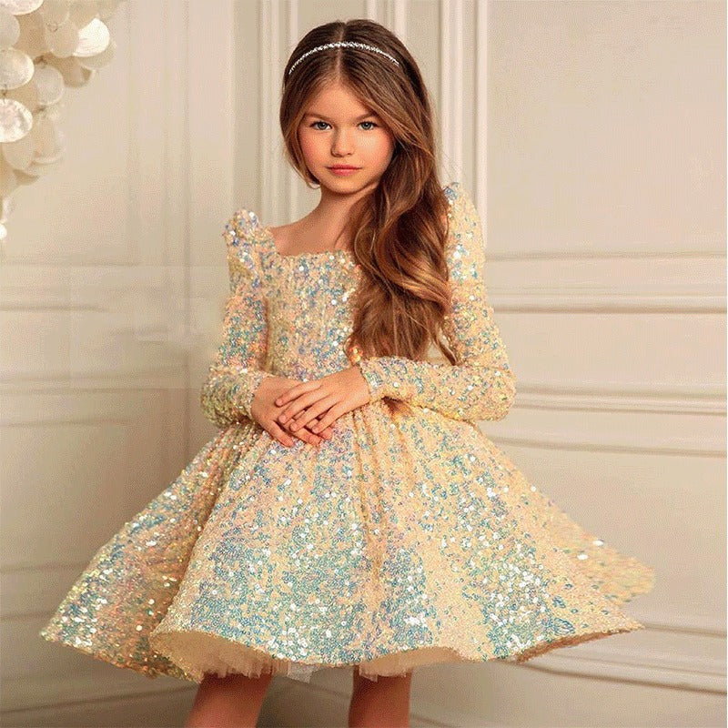 Bubble Sleeve Princess Dress Sequined Western Style Baby Girl Birthday Party Girl Costume