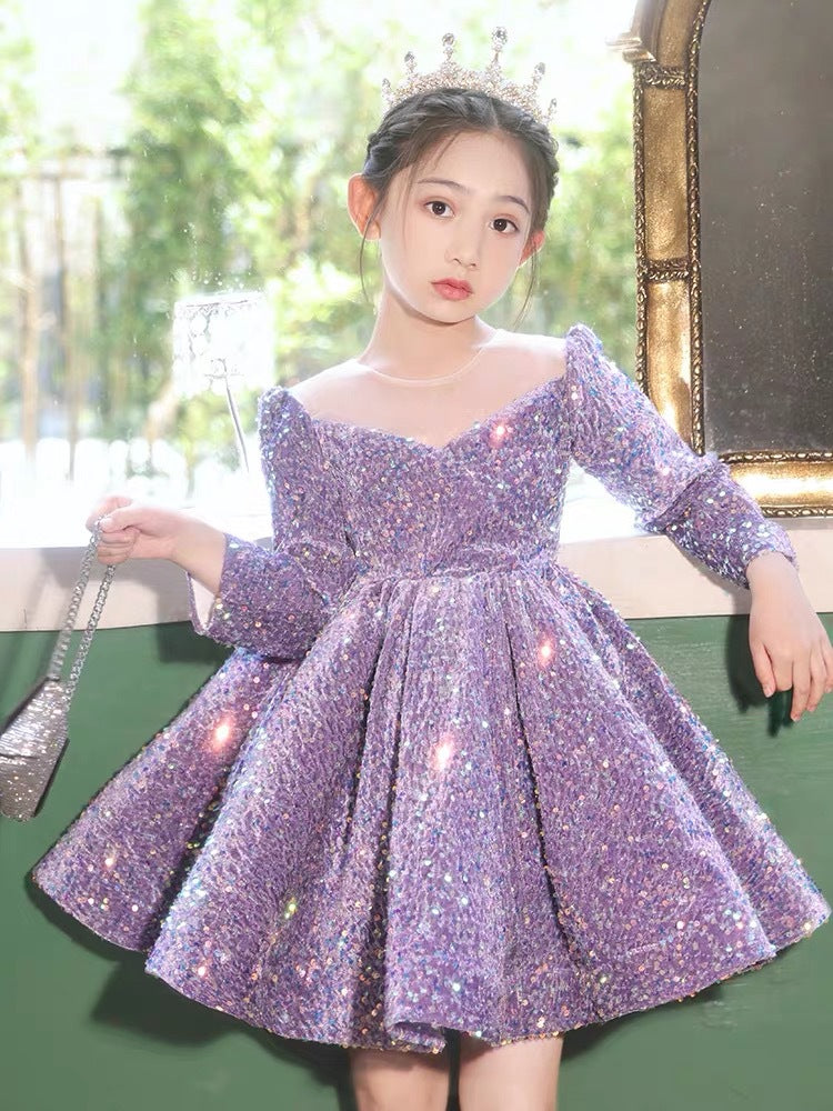 Bubble Sleeve Princess Dress Sequined Western Style Baby Girl Birthday Party Girl Costume